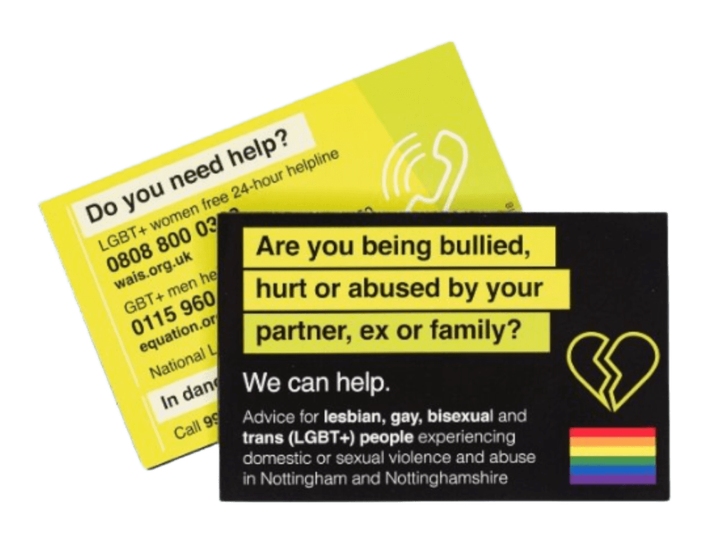 Domestic abuse card - Advice and Support for LGBTQ+ Survivors - supplied singularly
