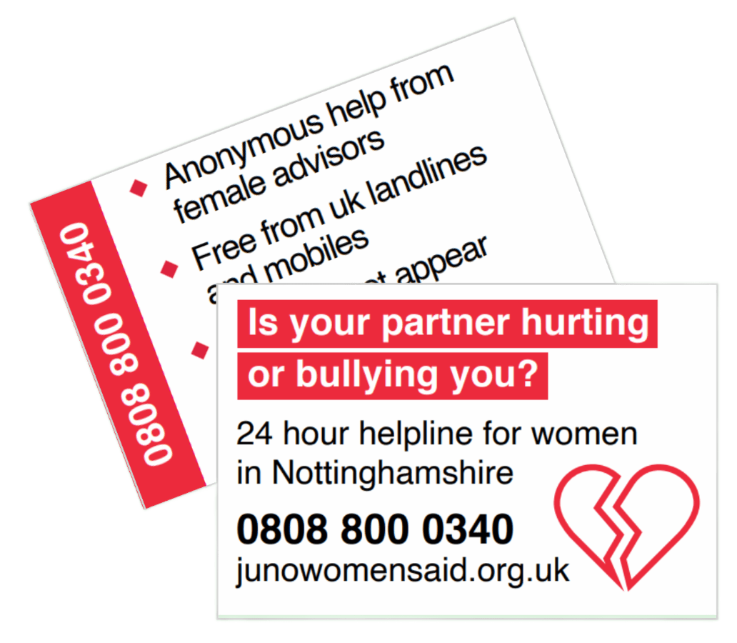 Domestic abuse card- Advice and Support for Women card - large print - supplied singularly